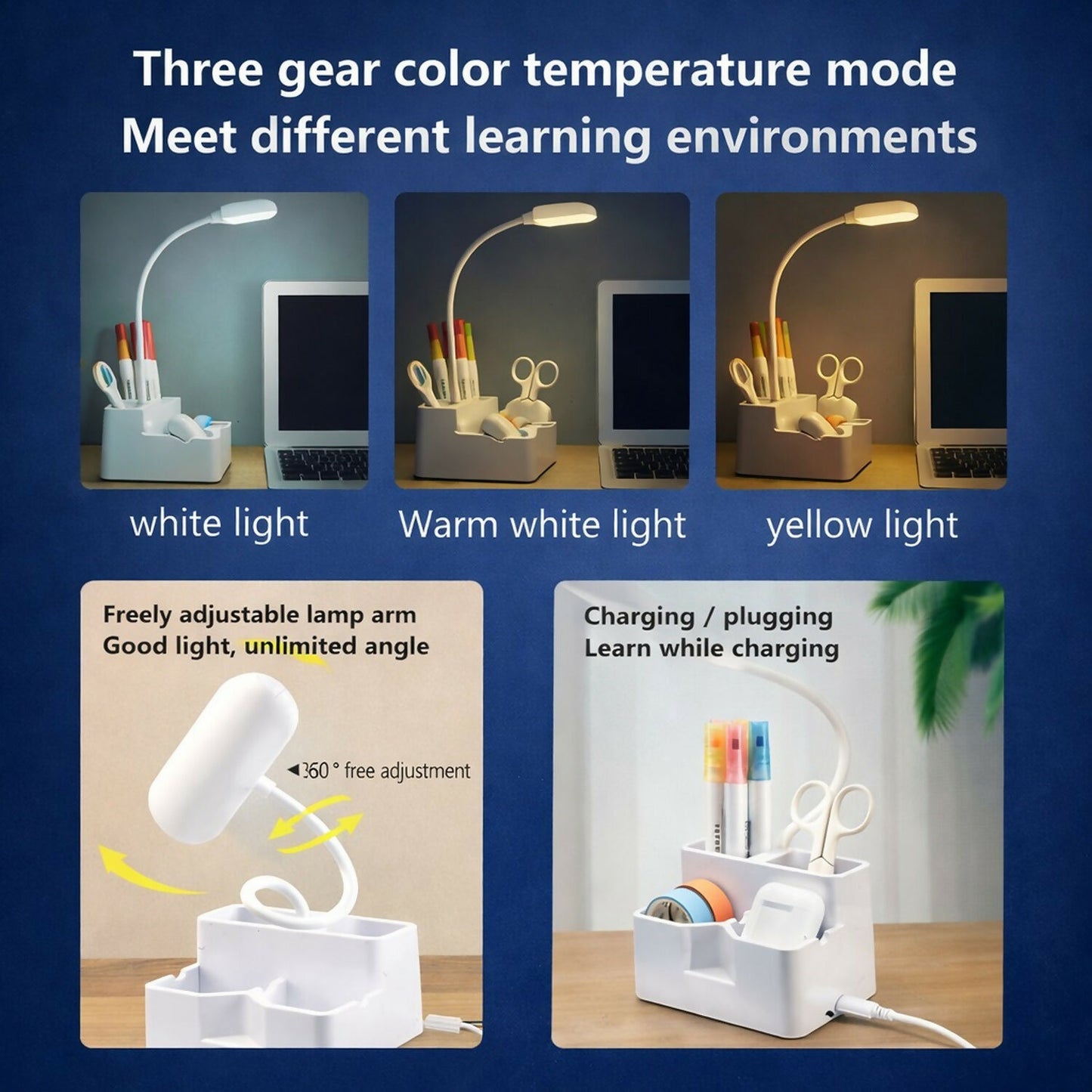 Built-in pen stand and organizer compartments of desk lamp