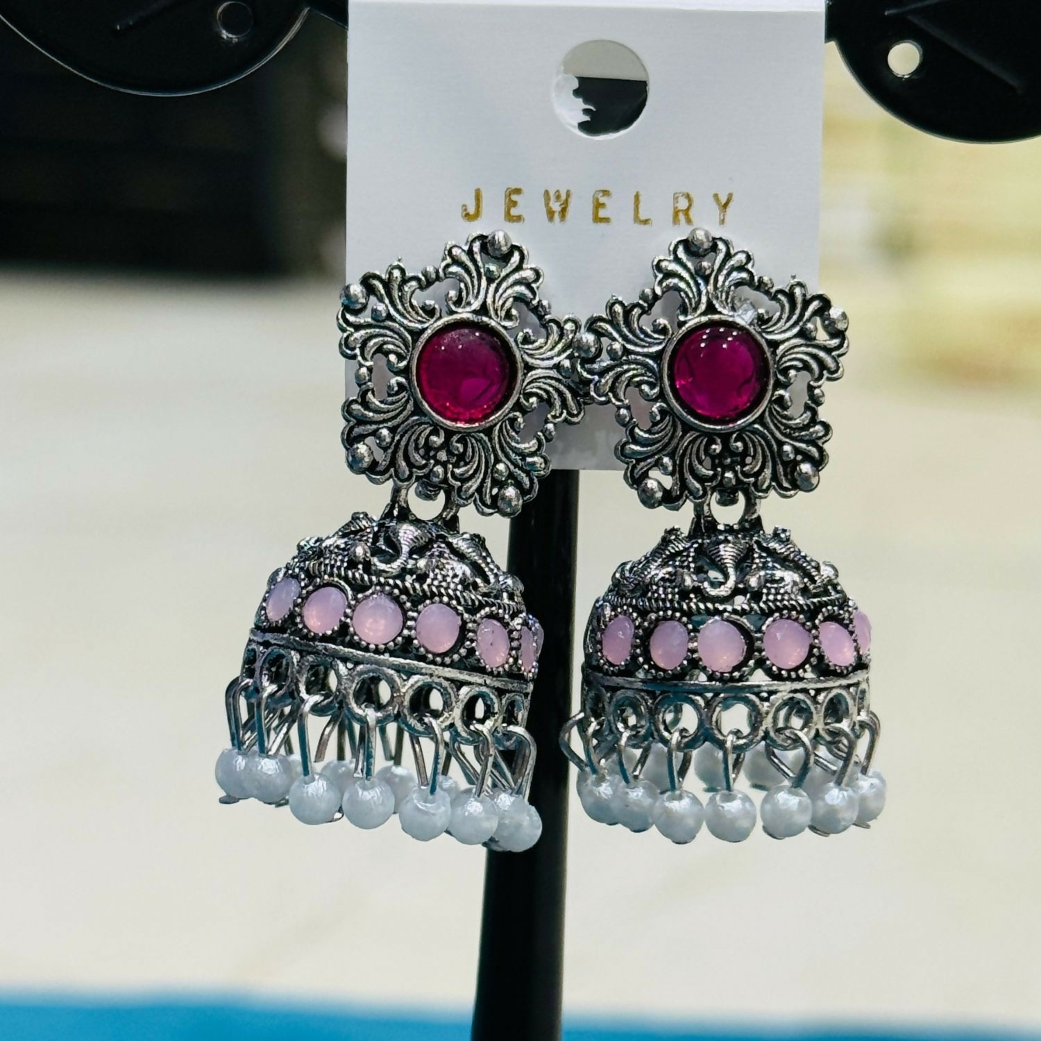 Traditional Oxidized Silver Jhumka Earrings with Pastel Stones and Pearl Drops Pair