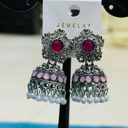 Traditional Oxidized Silver Jhumka Earrings with Pastel Stones and Pearl Drops Pair