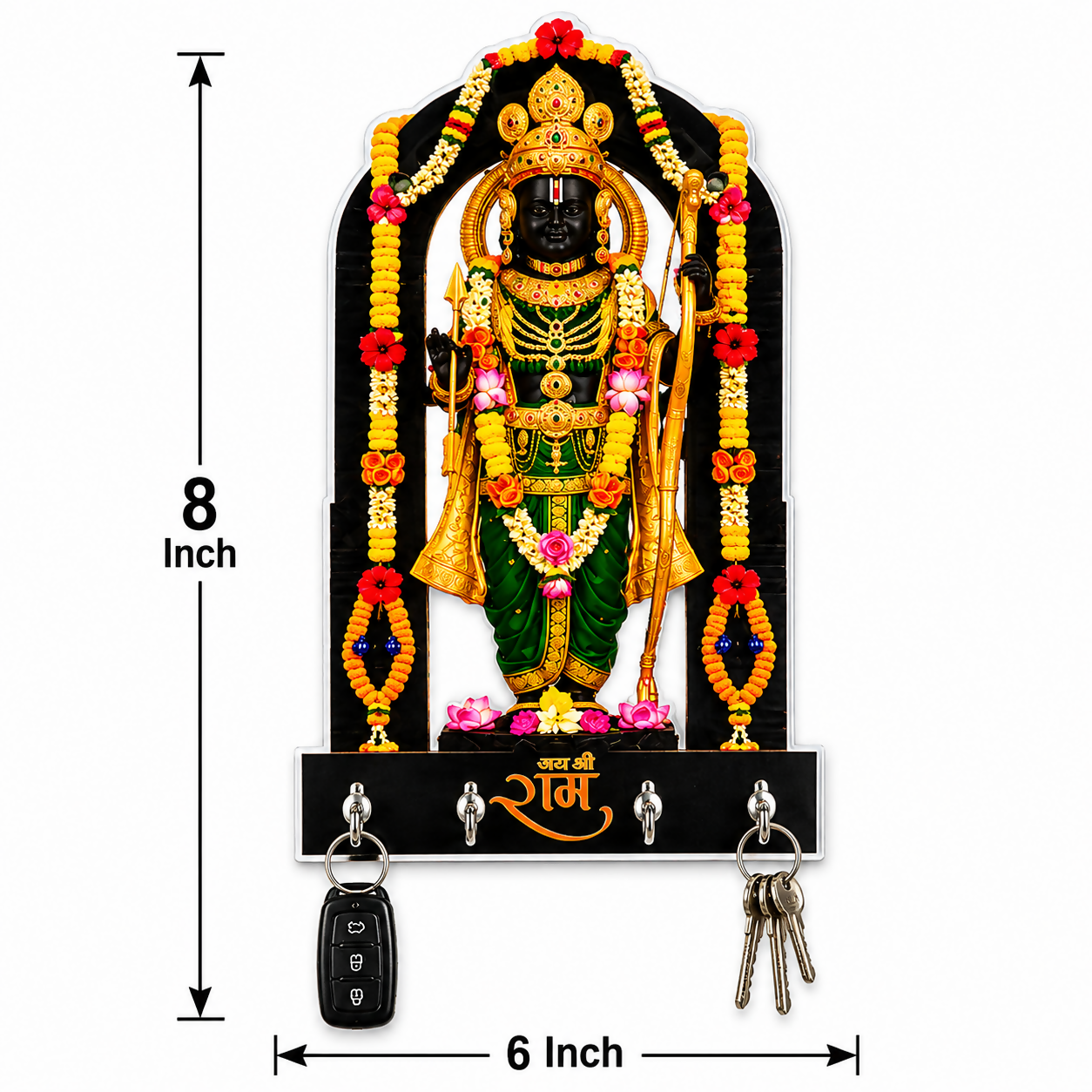 Decorative wooden wall key holder with spiritual idol art and hanging hooks