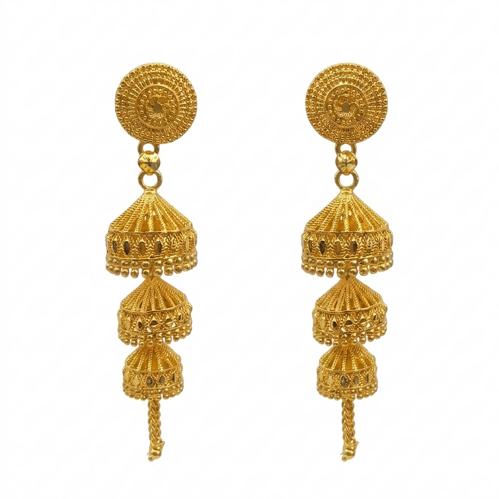 Gold Jhumki earrings detail with traditional patterns