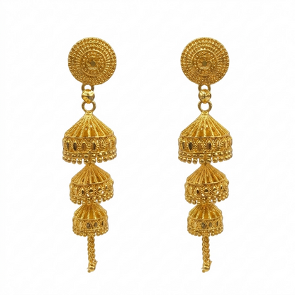Gold Jhumki earrings detail with traditional patterns