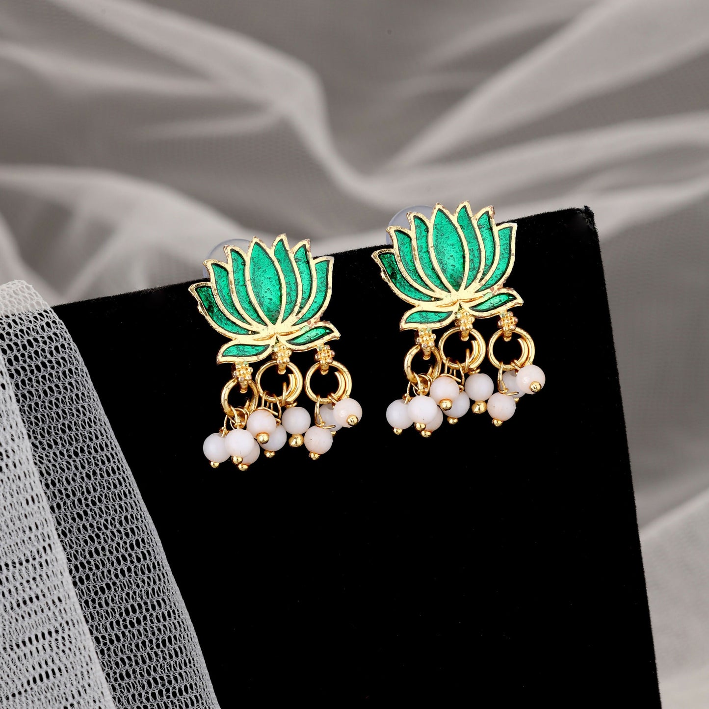 Gold Necklace with Green Lotus & White Beads Pendant for Women Stylish Jewelry