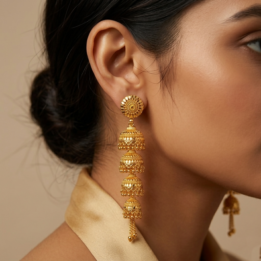 Detailed close-up of gold jhumka earring