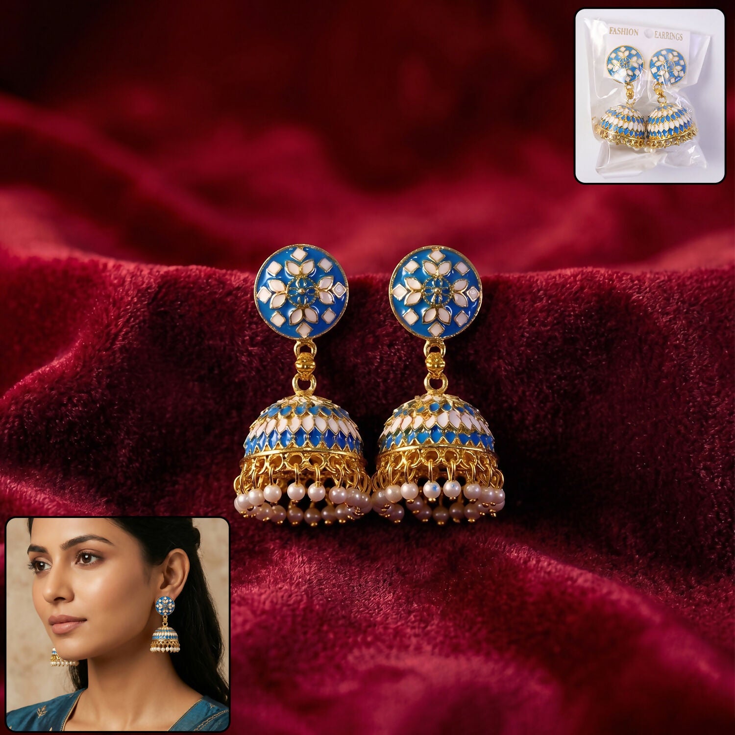 Blue Round Stud Jhumka Earrings with Pearl Hanging for Women