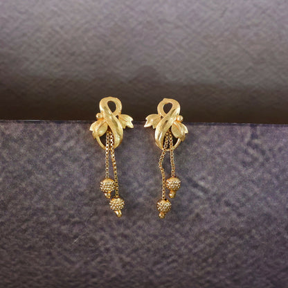 Regal Botanical Motif Gold Drop Earrings with Cascading Chain Bead Accents