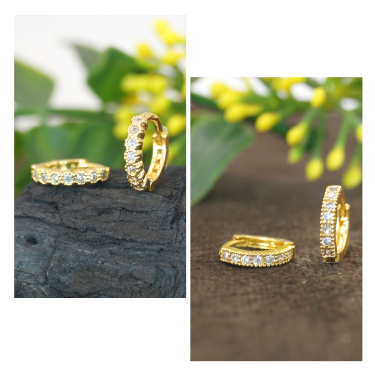 Gold plated huggie hoop earrings featuring dazzling cubic zirconia cluster stones in a Bali style