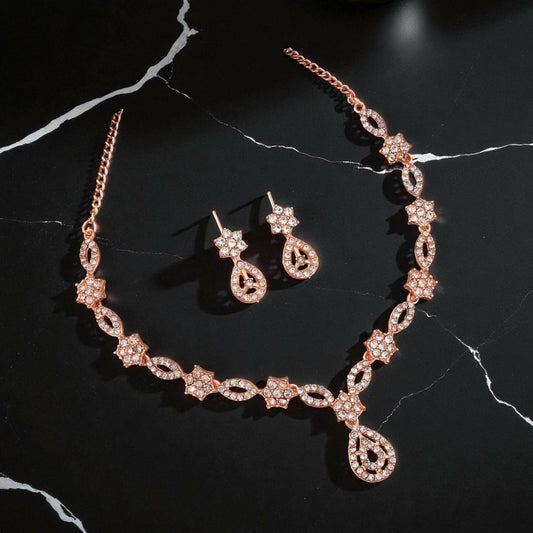 Elegant Crystal & Enamel Floral Link Necklace Set with Pearl Drop (Multiple Colors)