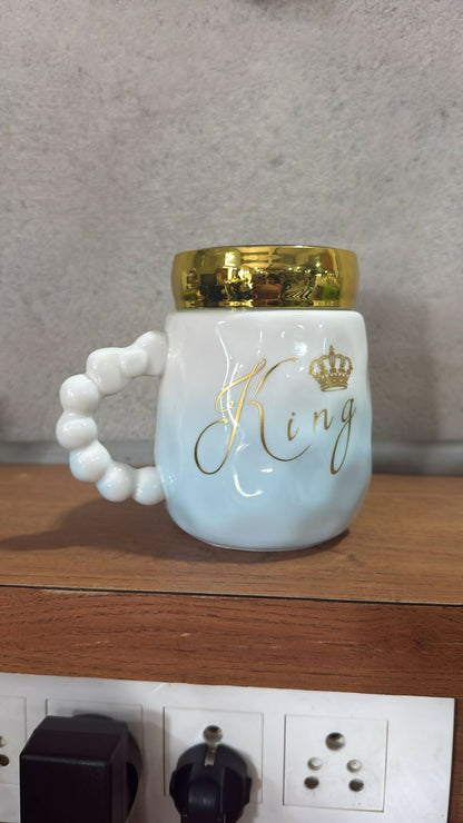 Luxury White Ceramic Coffee Mug with Golden Lid – "King" Printed Cup with Beaded Handle – Elegant Royal Design for Tea, Coffee & Gifting – Premium Glossy Finish Ceramic Mug for Men