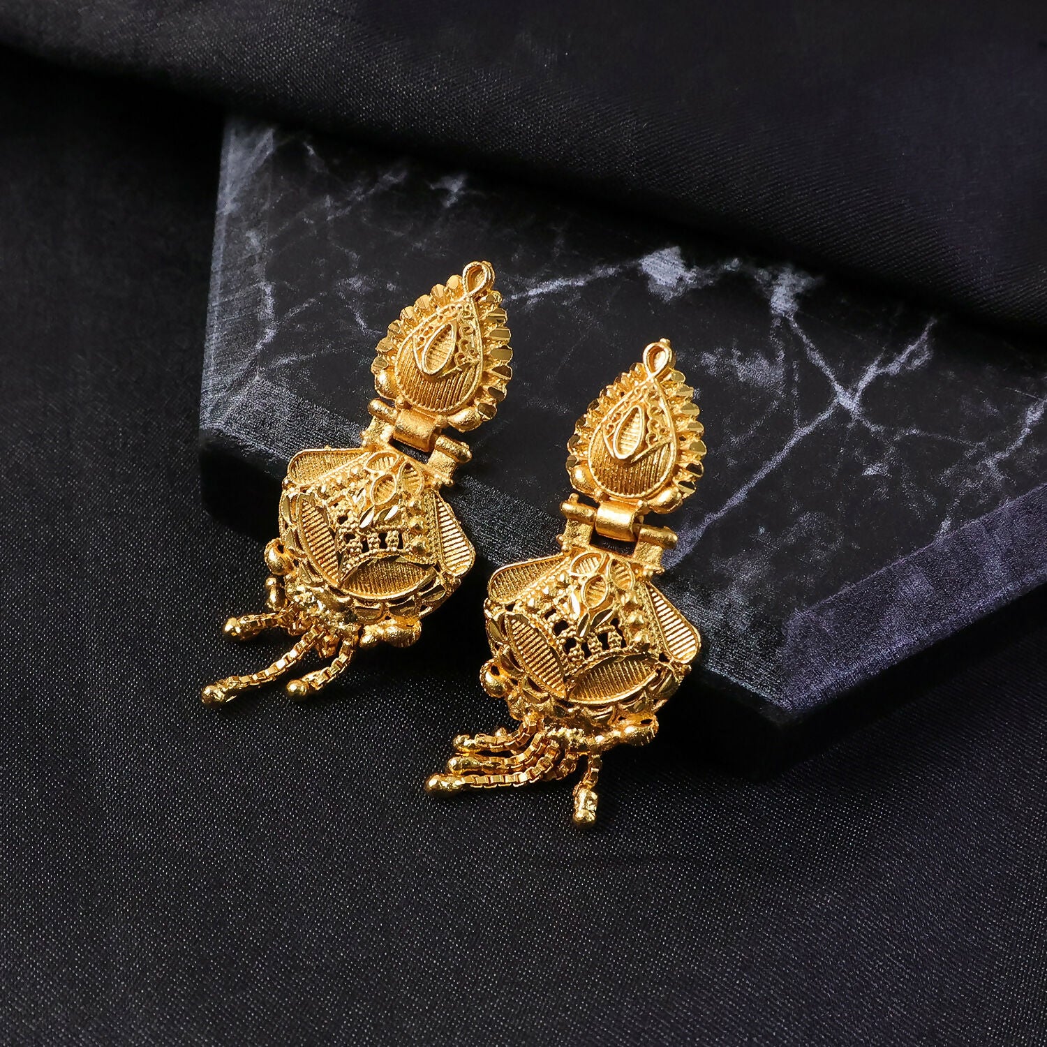Luxurious Festive Wear Gold Dangle Earrings with Intricate Carved Design and Hanging Gold Beads