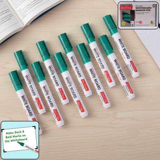 Refillable Green Whiteboard Marker Pen Set of 10 with Bullet Tip for Office, School & Teaching Use