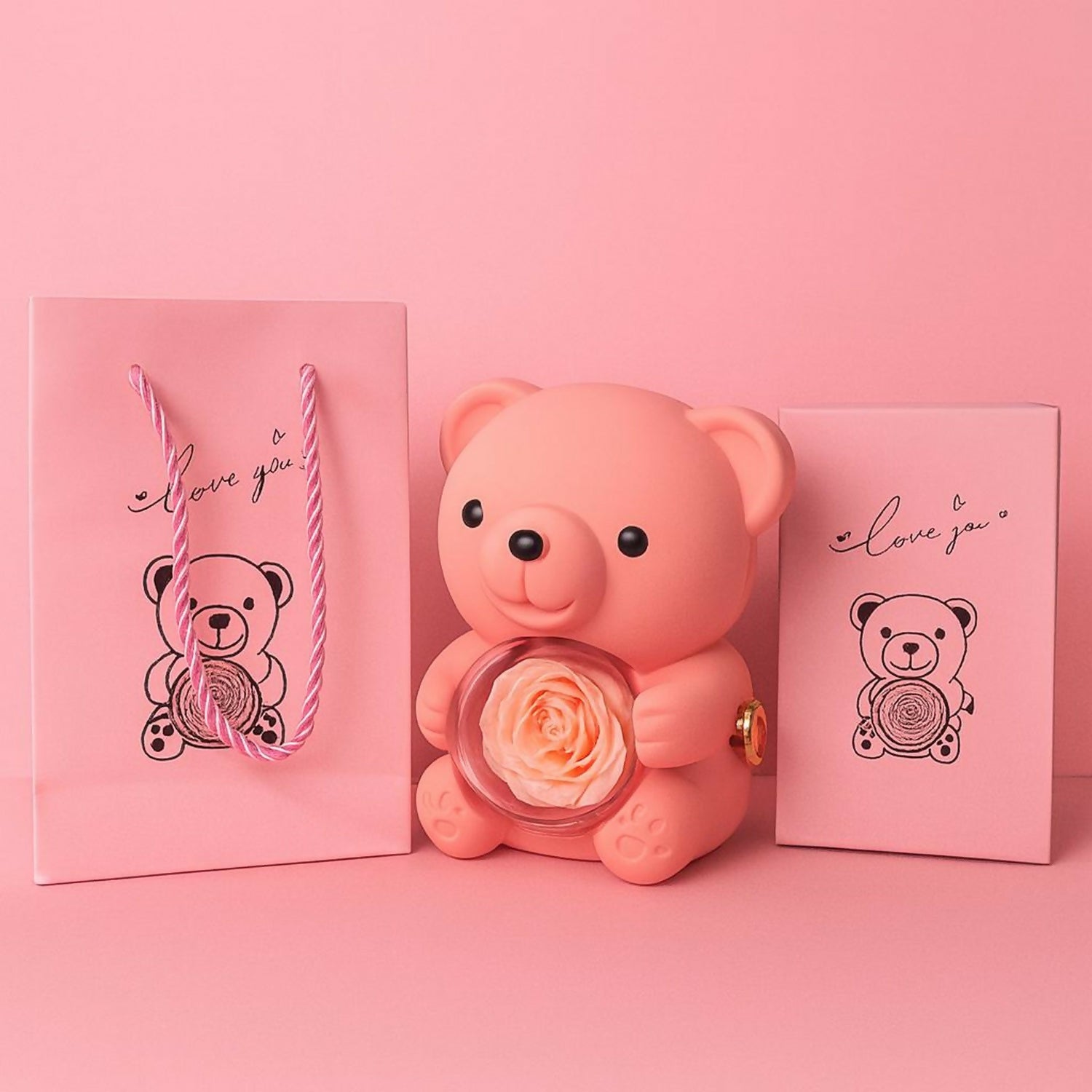 Peach Teddy Bear With Eternal Rose Gift Box | Romantic Love Gift for Her & Couples