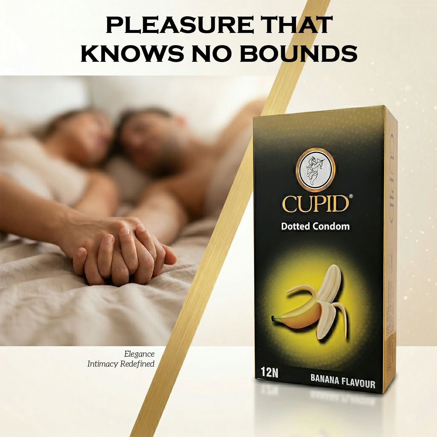 Close-up of Cupid dotted condom with banana scent and lubricant