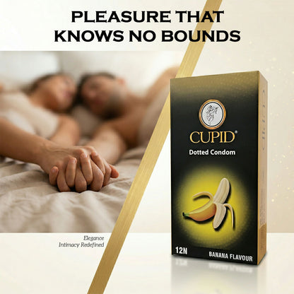 Close-up of Cupid dotted condom with banana scent and lubricant