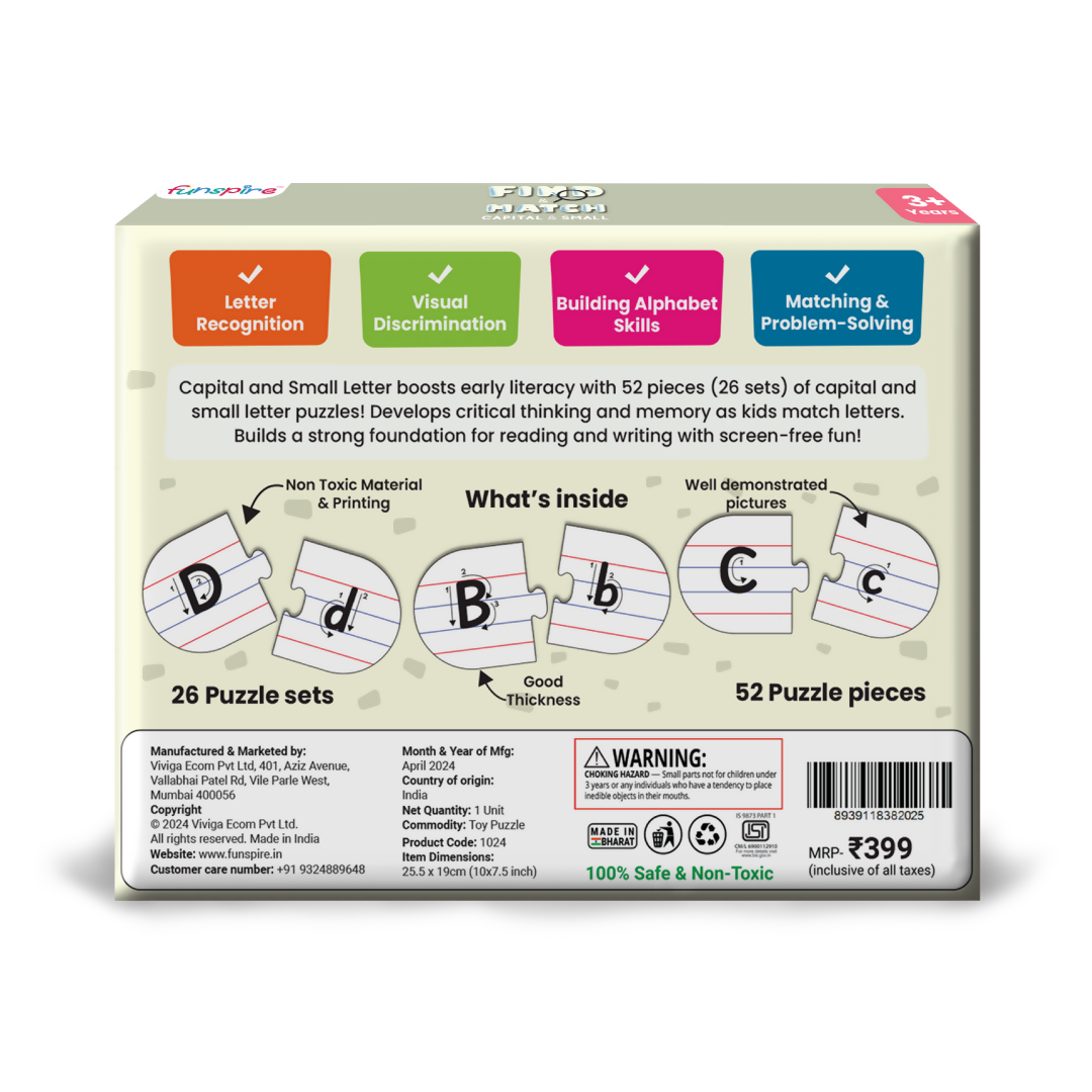 Capital and Small Letter Matching Puzzle - Ages 3+ (52 cardboard puzzle pieces) Find & Match series