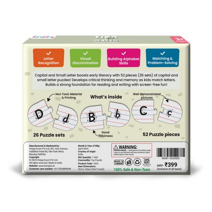 Capital and Small Letter Matching Puzzle - Ages 3+ (52 cardboard puzzle pieces) Find & Match series