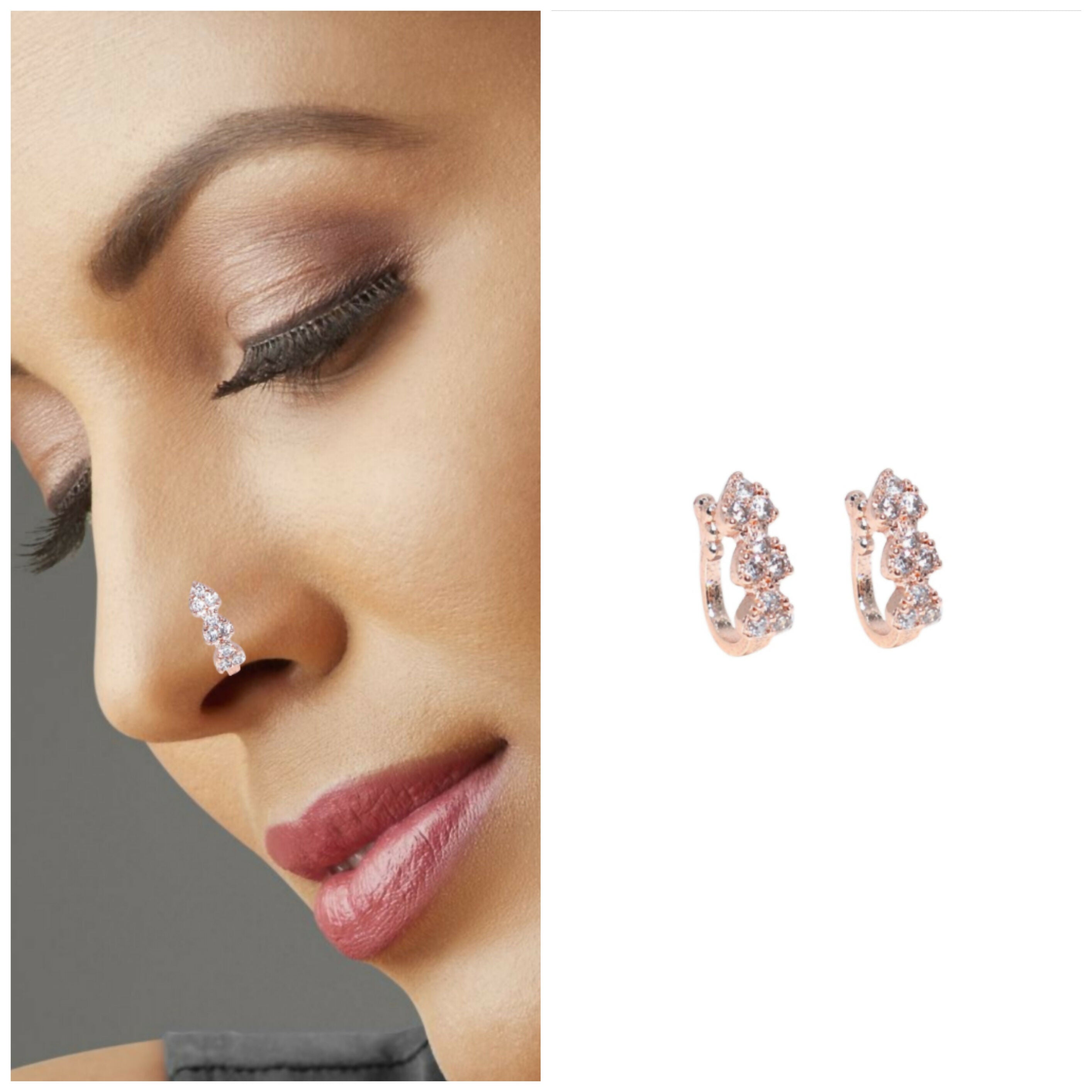 2Pc Non-Piercing Nose Ring Set Floral & Cuff Gold Silver AD