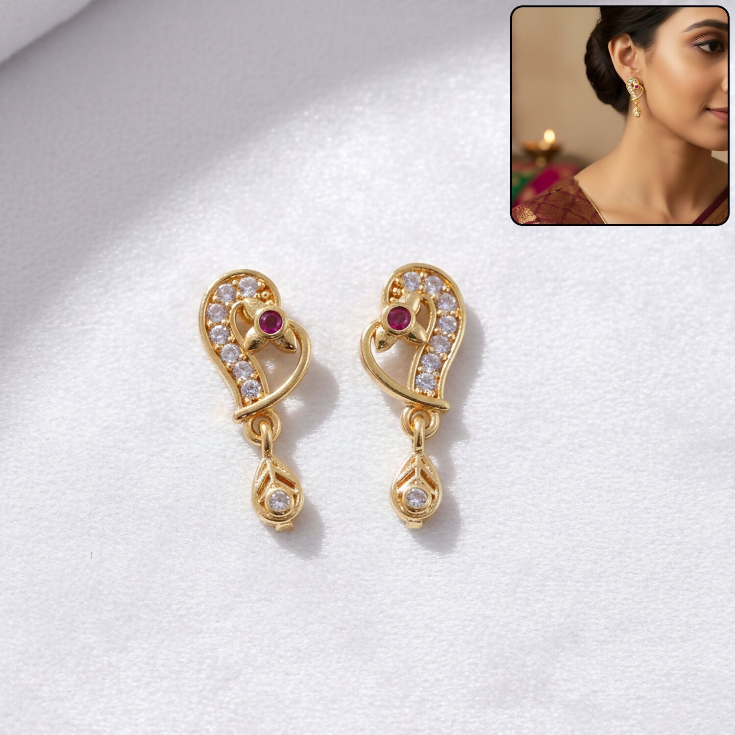 Elegant Gold Paisley Drop Earrings with Ruby Accent