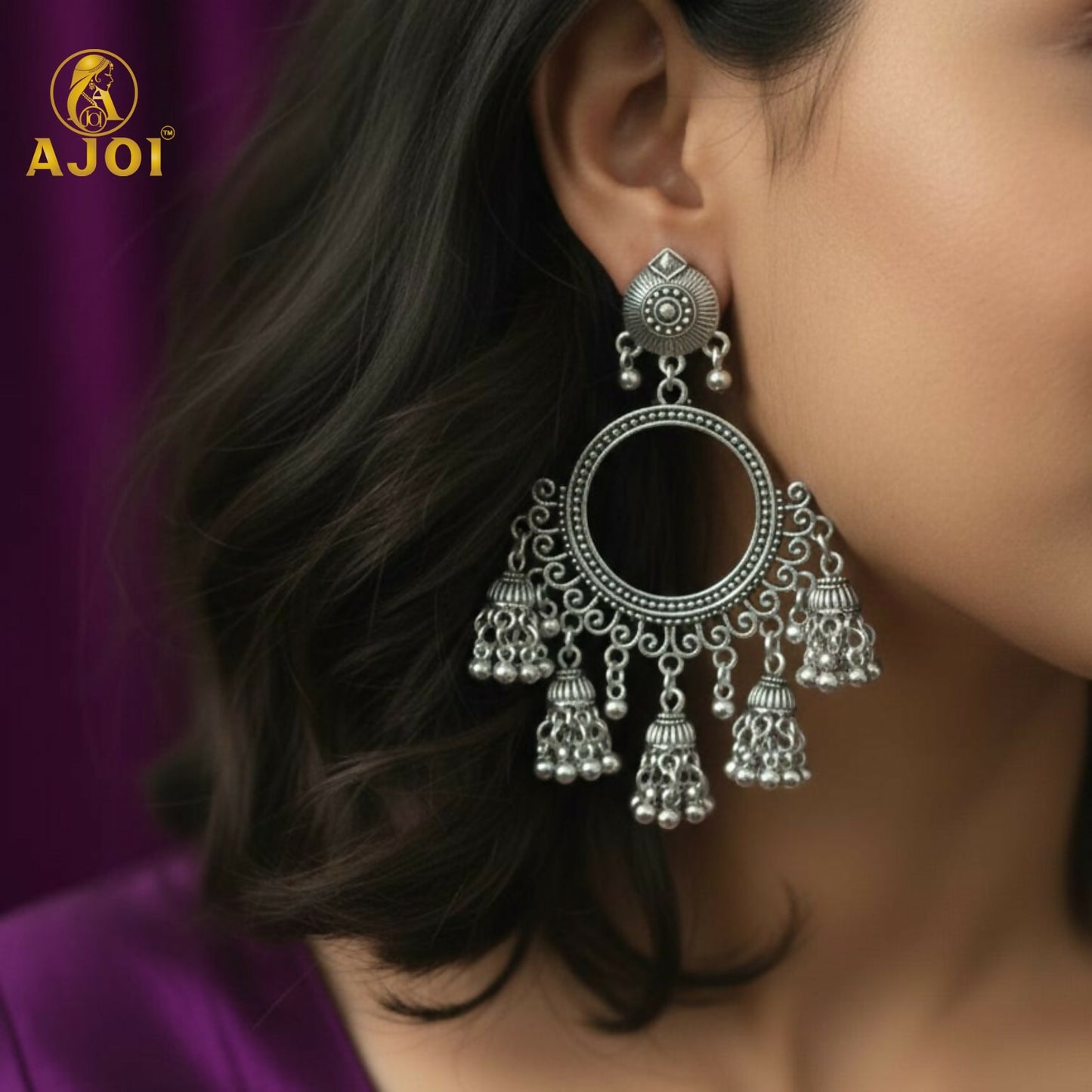 Premium Oxidised Silver Boho Chandbali Jhumka Earrings