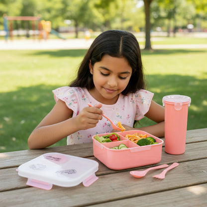 Hungry Lunch Box Combo Set – Unbreakable Plastic Lunch Box with Spoon, Fork & Extra Container for Kids