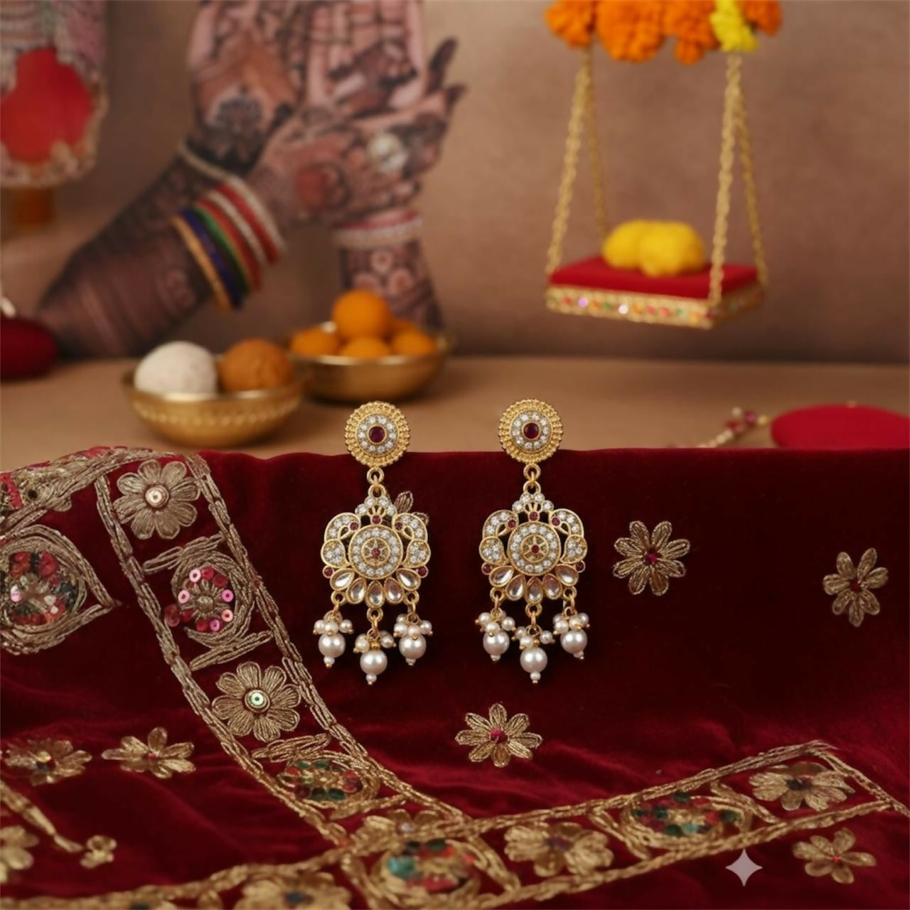 Premium Gold Pearl Traditional Necklace With Earrings.