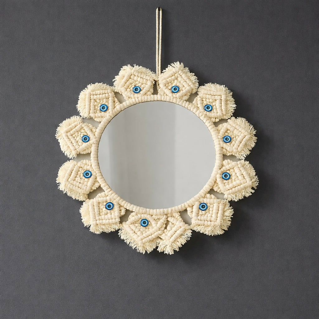 Round decorative wall mirror with handwoven cotton rope details