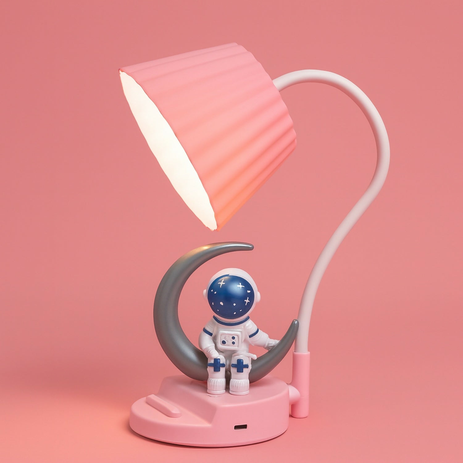 Pink Astronaut Moon LED Table Lamp, USB Rechargeable Kids Night Light