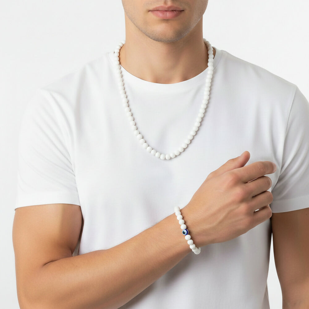 White Beads Necklace & Evil Eye Bracelet Combo
