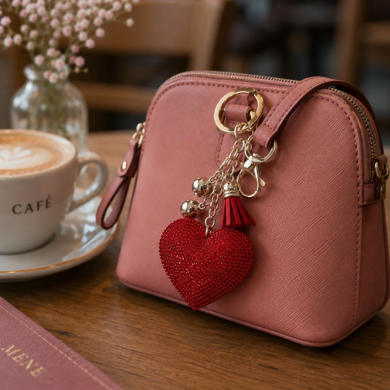 Close-up of heart crystal pendant and decorative tassel keychain