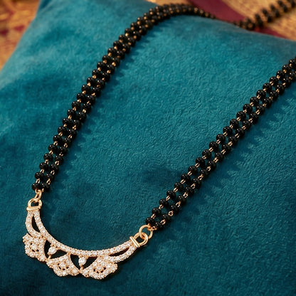 Front view of double-strand black bead chain with floral CZ pendent