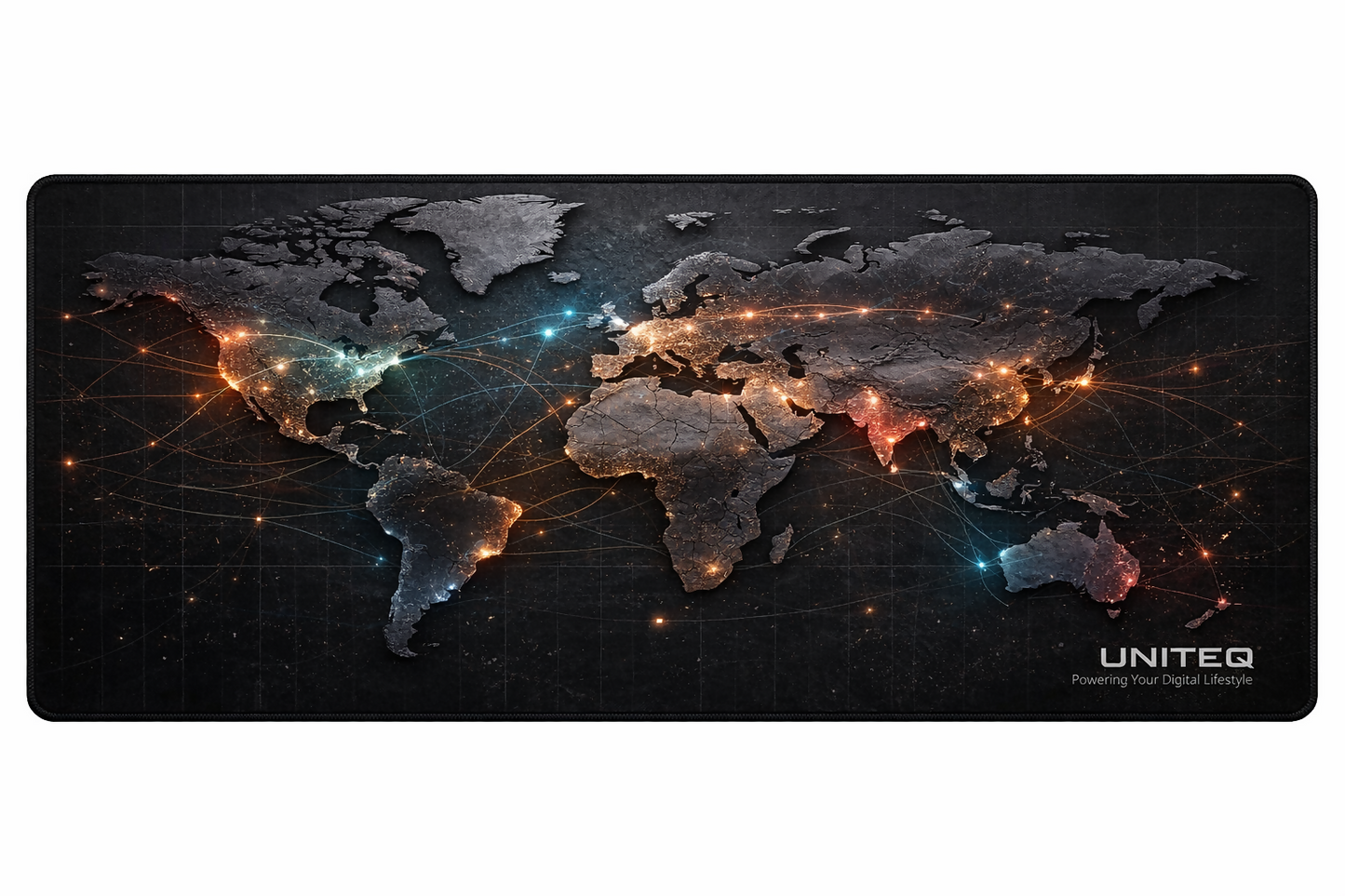 Large world map extended mouse pad on desk with laptop and keyboard