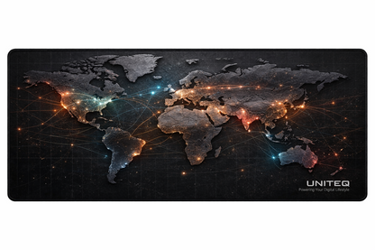 Large world map extended mouse pad on desk with laptop and keyboard