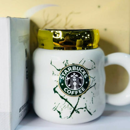 Ceramic Coffee Mug with Lid & Marble Design, Stylish Tea Cup (Color may vary)