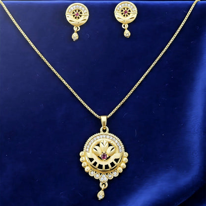 Women’s Gold-Tone Jewelry Set | Round Filigree Pendant with Red Stone | Ethnic Wedding Wear Necklace & Earrings