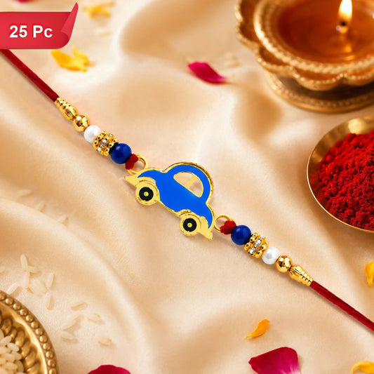 A blue car charm with gold trim and black wheels is centered on a red thread, flanked by gold, white, and blue beads,
