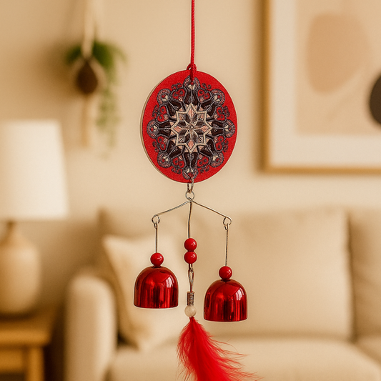 Handcrafted Red Metal Hanging Bell with Feather | Mandala Design Wind Chime for Home, Balcony, Car & Wall Décor | Positive Energy Decorative Hanging with Jingle Sound | Ideal Gift for Festive & Home Decoration