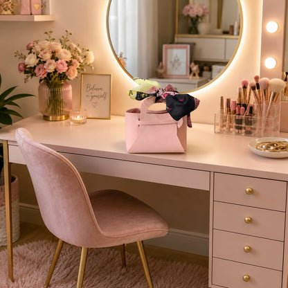 Compact pink handbag featuring decorative ribbon bow