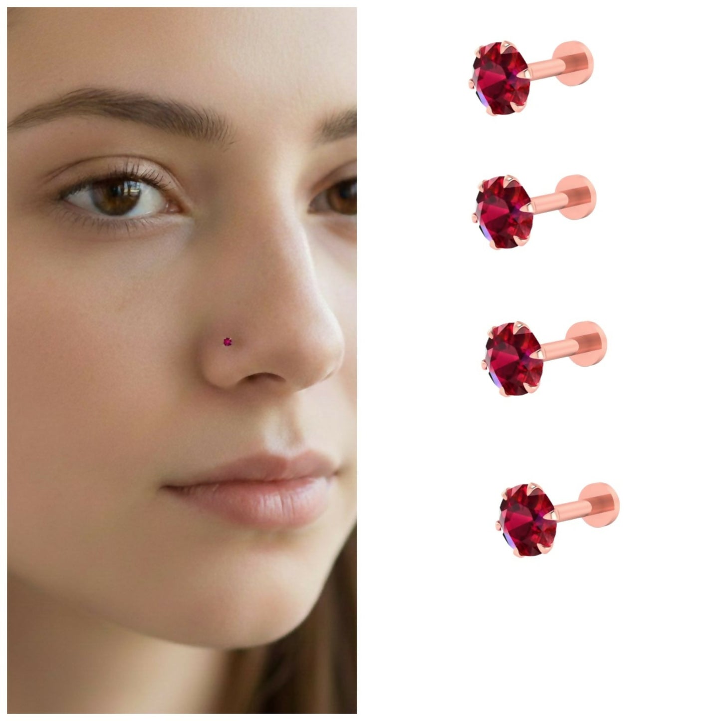 Pack of 4 rose gold plated red ruby flat back nosepin studs for elegant look