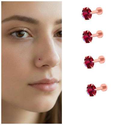 Pack of 4 rose gold plated red ruby flat back nosepin studs for elegant look