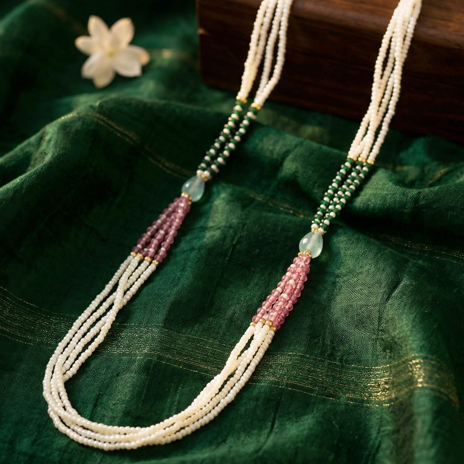 Elegant Multi-Layer Pearl Beaded Necklace with Green, Pink & Pastel Stone Accents