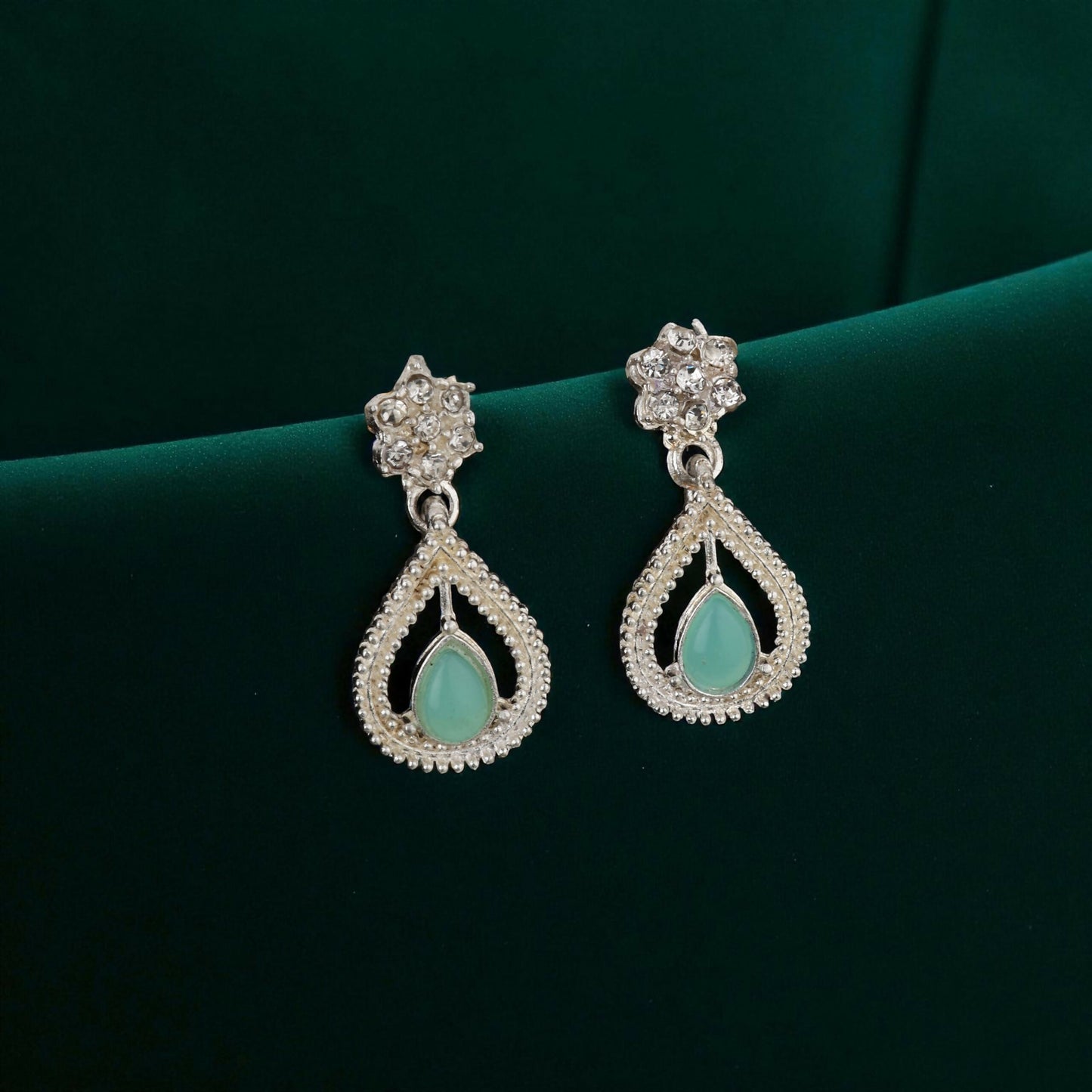 Traditional Pearl Chain with Mint-Green & AD Drop Necklace Set