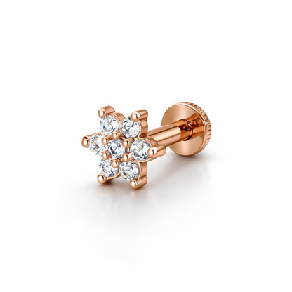 Rose gold flower cluster stud earrings showing intricate seven-stone design