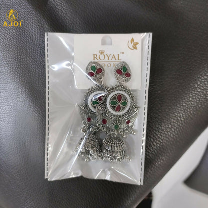 Multicolor Oxidized Silver Jhumka Earrings