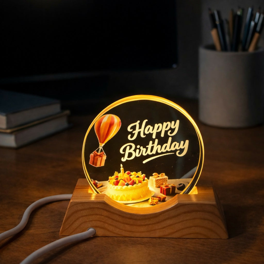 Happy Birthday Acrylic LED Lamp with Wooden Base Cake Theme Gift Light
