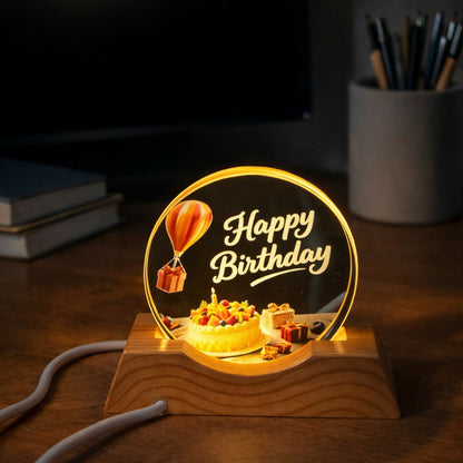 Happy Birthday Acrylic LED Lamp with Wooden Base Cake Theme Gift Light