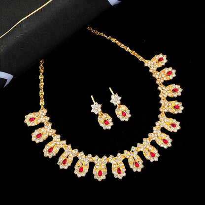 Traditional Gold-Toned Ruby & American Diamond Floral Set