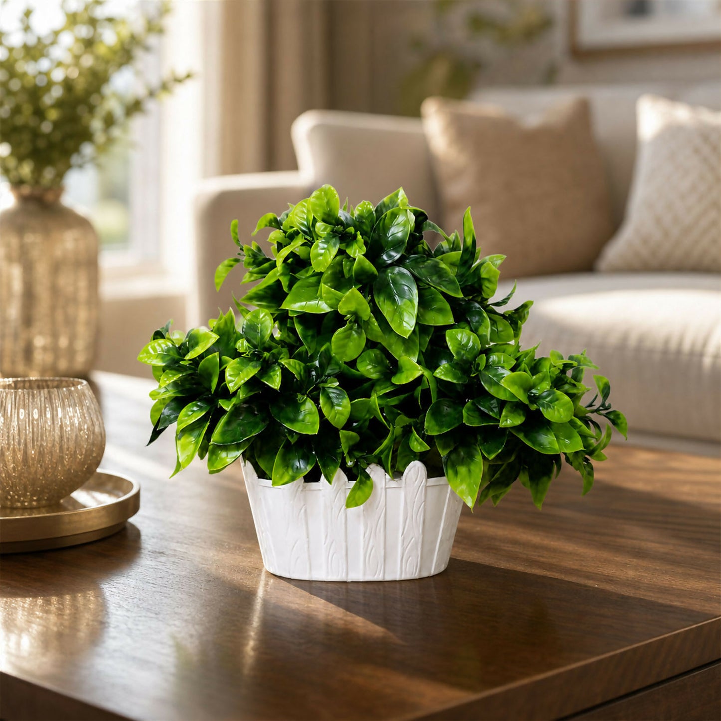 Artificial Green Leaf Bushy Bonsai Plant in White Wood Texture Oval Pot Home Decor