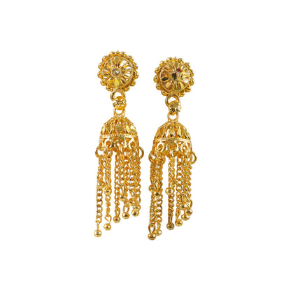 Patterned detail on gold plated traditional jhumka earrings