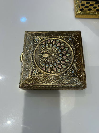 Handcrafted antique style brass peacock jewelry box in elegant setting