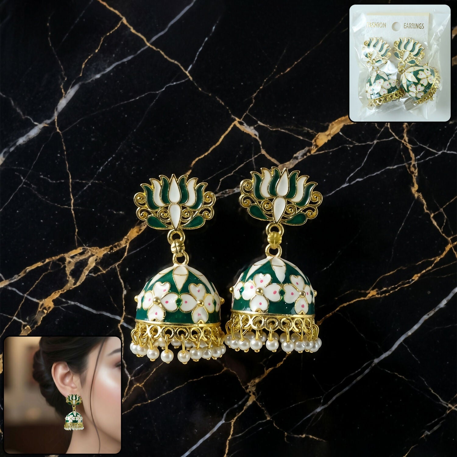 Green Lotus Jhumka Earrings with Pearl Beads for Women